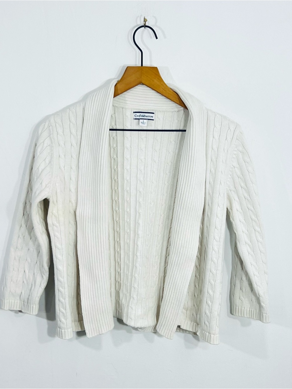 Croft & Barrow Ivory Cable Knit Cardigan Sweater Open Front Cotton Size Small